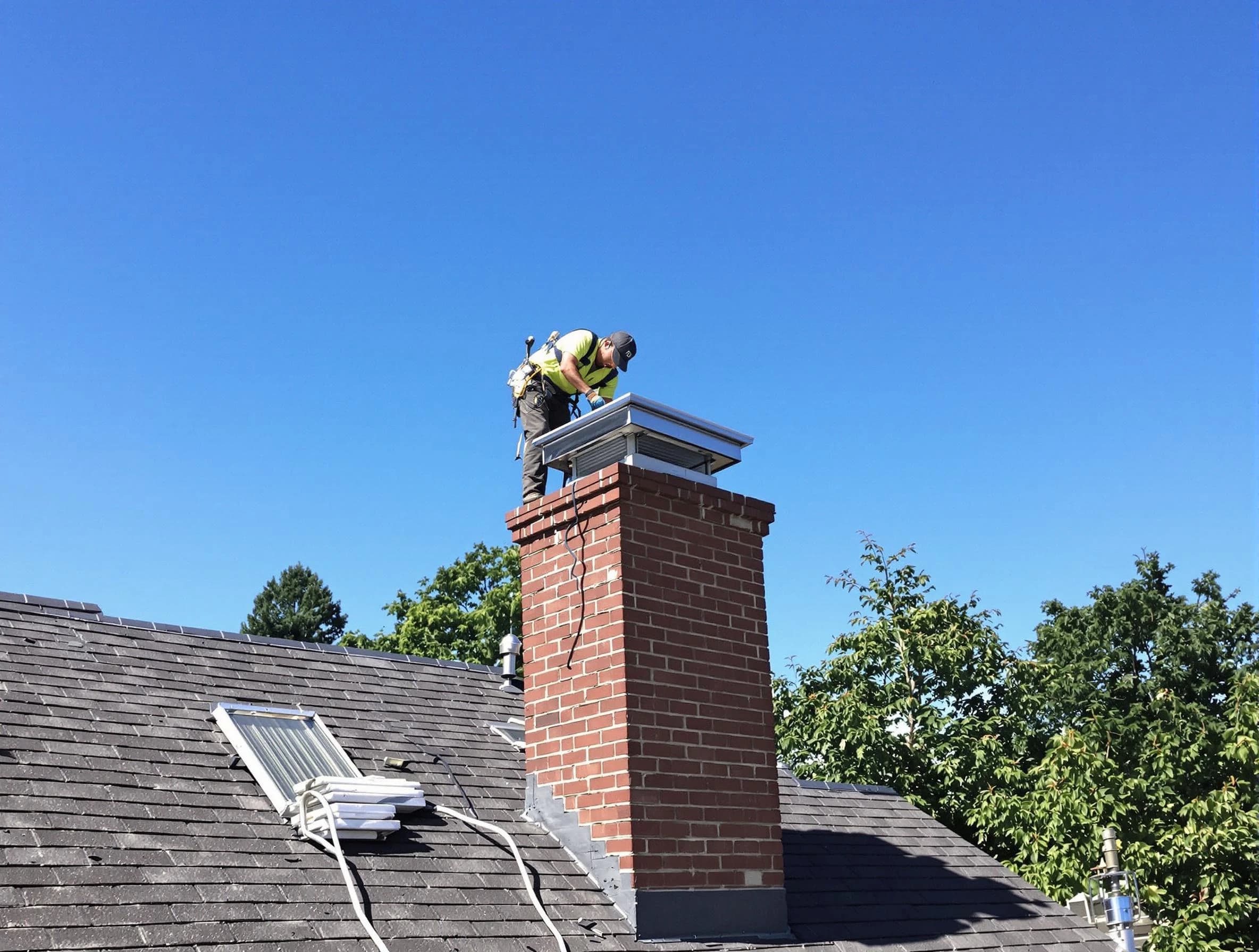 Kirtland AFB Chimney Sweep technician measuring a chimney cap in Kirtland AFB, NM
